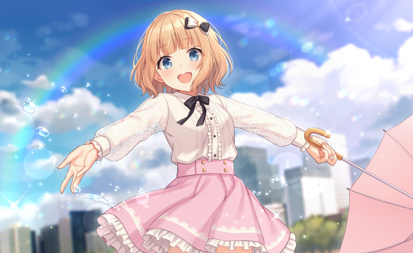 1girl, :d, bangs, black_bow, blonde_hair, blouse, blue_eyes, blunt_bangs