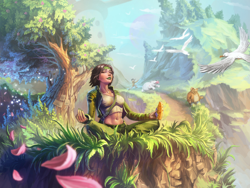 abs, belt, between_breasts, beyond_good_and_evil, bird, black_hair, breasts, cheese