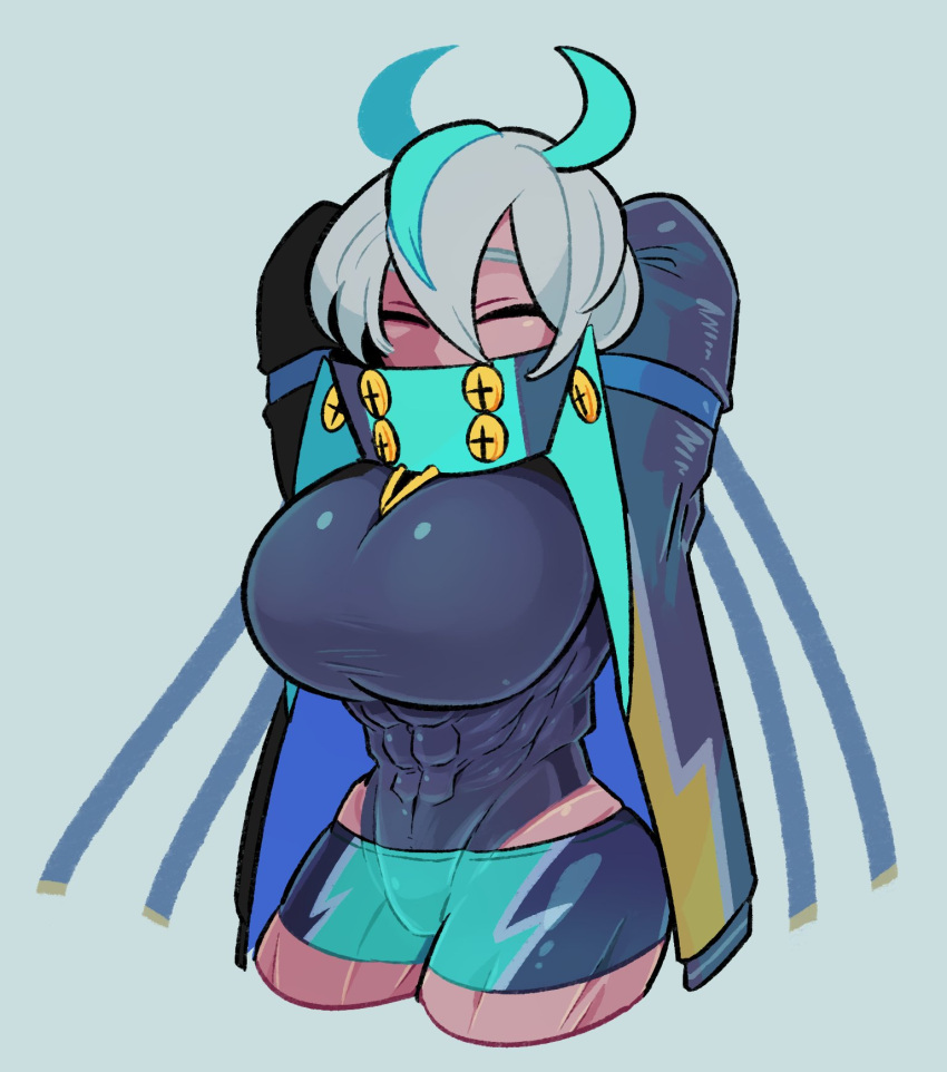 1girl, abs, arms_behind_head, black_leotard, breasts, closed_eyes, covered_mouth, dark_skin, grey_hair, hair_between_eyes, highleg, highleg_leotard, highres, horns, iccoco, jacket, large_breasts, leotard, leotard_under_clothes, long_sleeves, muscle, muscular_female, open_clothes, open_jacket, original, short_hair, shorts, solo