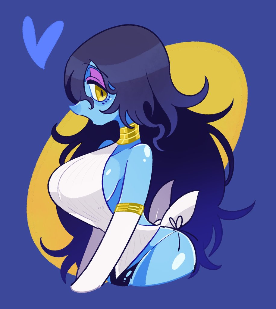 1girl, bare_shoulders, black_hair, black_panties, blue_skin, breasts, colored_skin, cowboy_shot