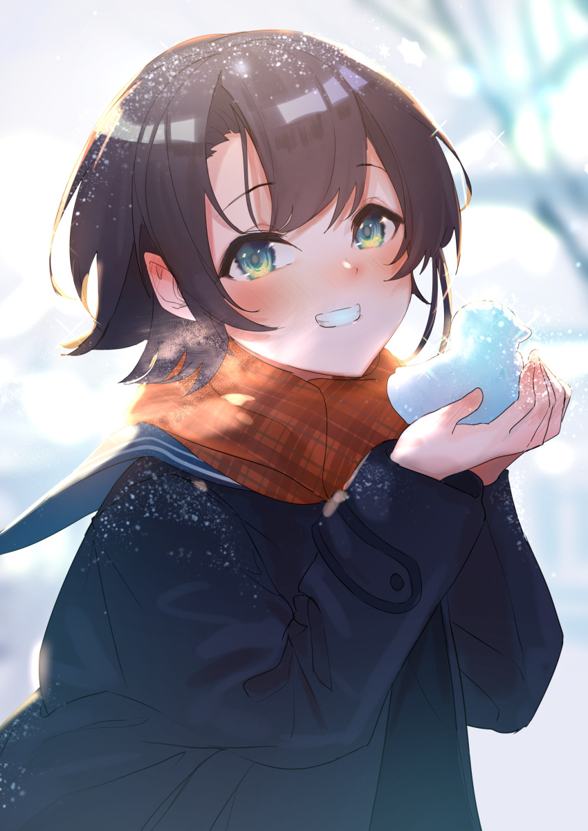 1girl, aqua_eyes, bird, blue_coat, blurry, blurry_background, blush, brown_hair, coat, commentary_request, duck, grey_background, grin, highres, hinata_(hinata-ur), hololive, looking_at_viewer, oozora_subaru, orange_scarf, plaid, plaid_scarf, sailor_collar, scarf, short_hair, smile, snow, snowman, solo, sparkle, upper_body, virtual_youtuber, winter_clothes