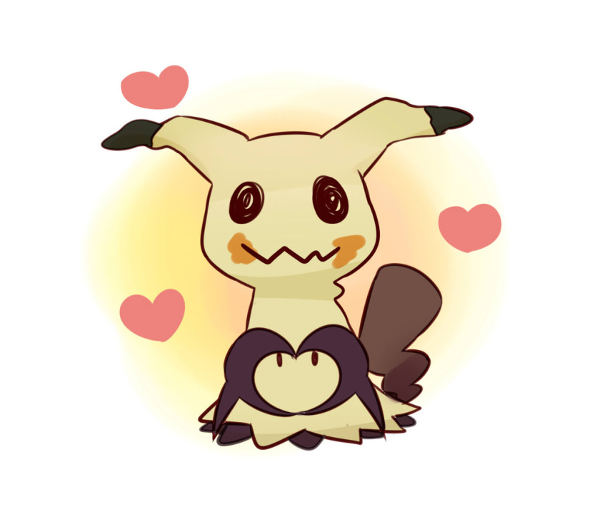 commentary, creature, english_commentary, full_body, gen_7_pokemon, heart, looking_at_viewer, mimikyu, no_humans, pokemon, pokemon_(creature), rainyazurehoodie, simple_background, solo, standing, white_background