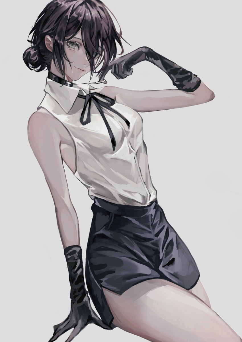 1girl, bangs, bare_shoulders, black_dress, black_gloves, black_hair, black_ribbon, breasts, chainsaw_man, collared_shirt, deadprinceee, dress, eyelashes, gloves, green_eyes, grey_background, hair_bun, highres, looking_at_viewer, medium_breasts, messy_hair, miniskirt, neck_ribbon, pointing, pointing_at_self, reze_(chainsaw_man), ribbon, shirt, side_slit, simple_background, skirt, sleeveless, sleeveless_shirt, smile, solo, white_shirt, wing_collar