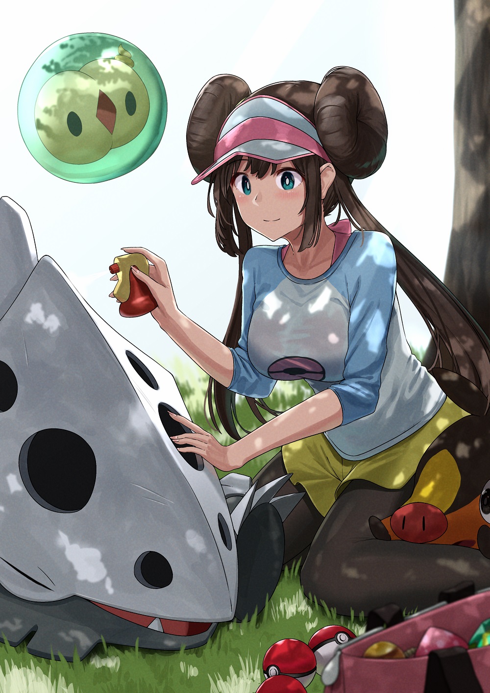 1girl, aqua_eyes, bag, berry_(pokemon), black_legwear, blush, bottle, breasts