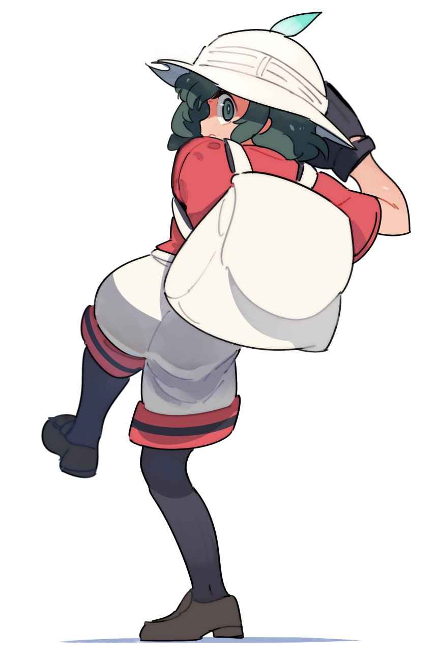 1girl, backpack, bag, baseball_mitt, black_legwear, commentary_request, full_body, green_eyes