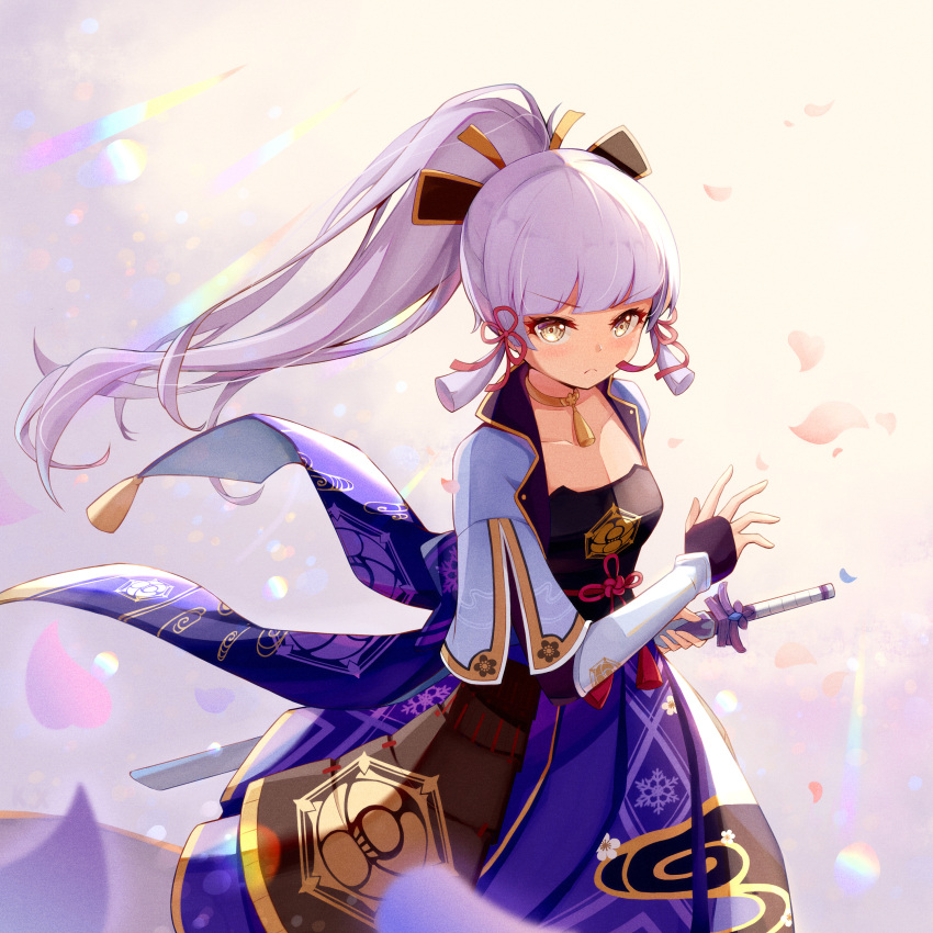 1girl, absurdres, armor, bangs, blunt_bangs, blush, bow, choker, dress, genshin_impact, hair_bow, hair_ribbon, highres, holding, holding_sword, holding_weapon, japanese_armor, kamisato_ayaka_(genshin_impact), petals, ponytail, ribbon, sword, vambraces, weapon, white_hair, yellow_eyes, youmi_kong_xiang
