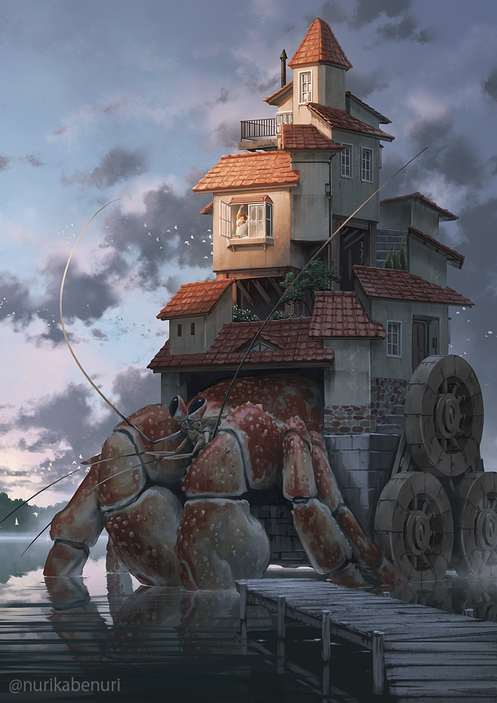 1other, animal, clouds, commentary_request, creature, fantasy, hermit_crab, house