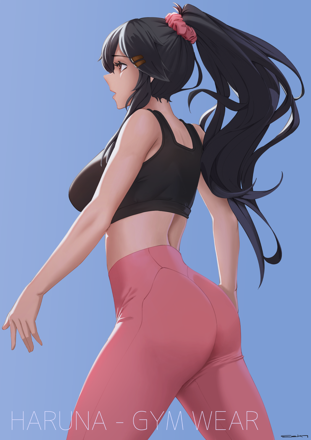 1girl, alternate_costume, ass, bangs, bare_shoulders, black_hair, black_sports_bra, blue_background