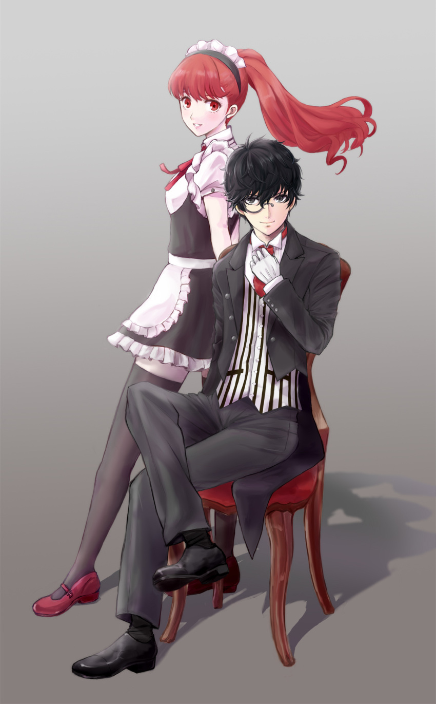 1boy, 1girl, adjusting_neckwear, alternate_costume, amamiya_ren, apron, black_eyes, black_hair