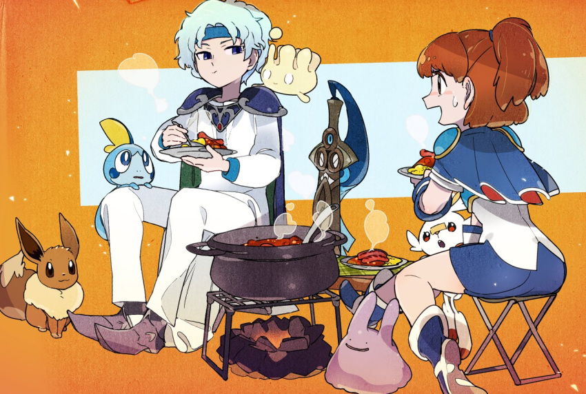 1boy, 1girl, :d, ankle_boots, armor, blue_footwear, blue_hair, blue_skirt