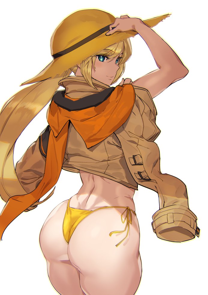 1girl, ashiomi_masato, ass, bangs, bikini, bikini_bottom, bikini_day, blonde_hair