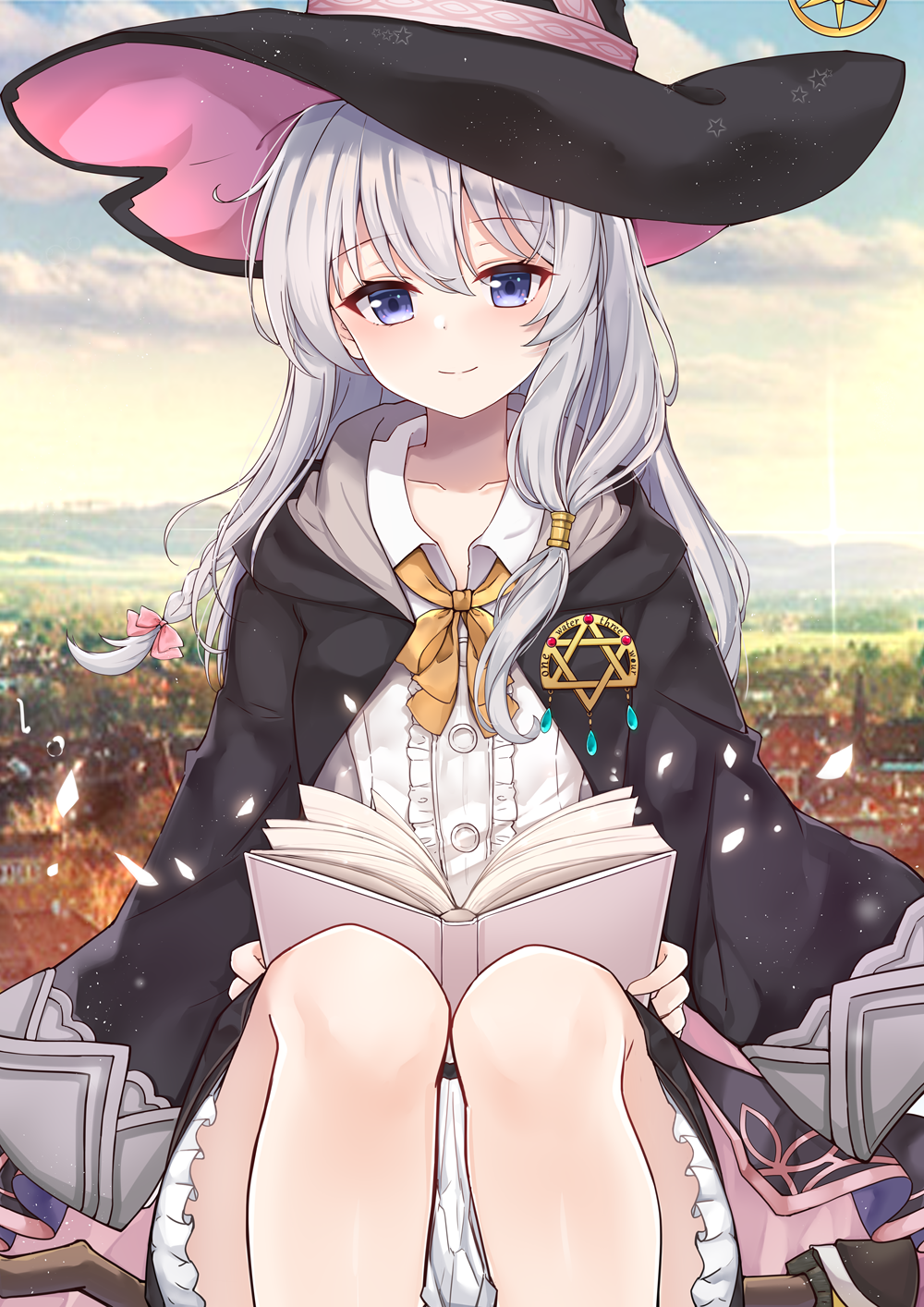 1girl, bangs, black_headwear, black_robe, book, book_on_lap, brooch, chinese_commentary