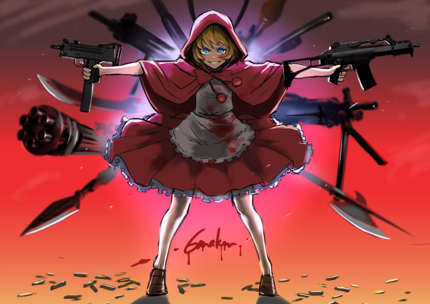 1girl, 6maker, absurdres, apron, backlighting, blonde_hair, blood, blood_on_face