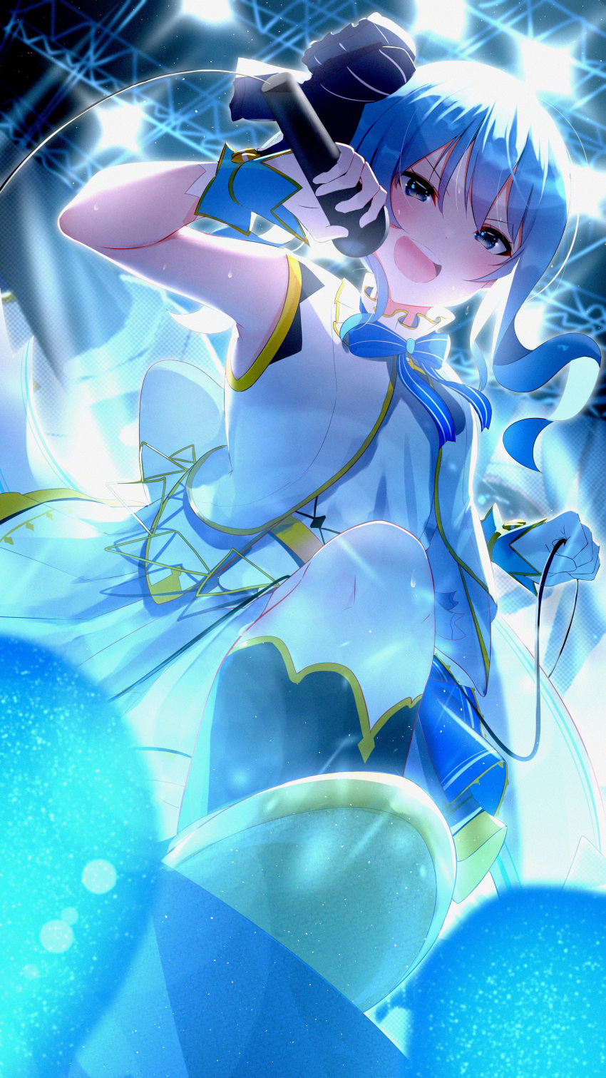 1girl, absurdres, alternate_costume, blue_bow, blue_eyes, blue_hair, blush, boots