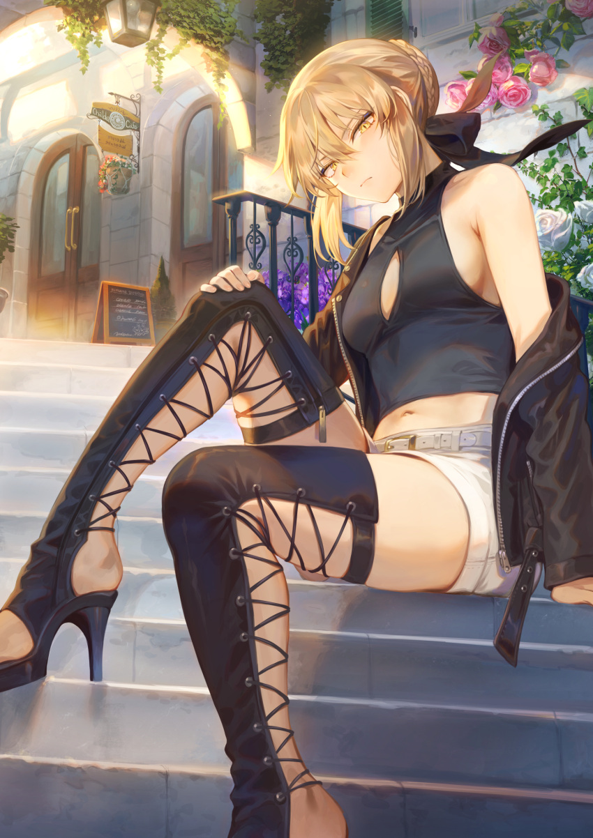 1girl, alternate_costume, artoria_pendragon_(all), bangs, bare_shoulders, belt, belt_buckle, black_bow, black_footwear, black_jacket, black_shirt, blonde_hair, boots, bow, breasts, buckle, building, casual, cleavage_cutout, closed_mouth, clothing_cutout, commentary_request, day, eyebrows_visible_through_hair, fate/grand_order, fate_(series), feet, flower, hair_bow, hair_bun, hair_ribbon, hand_on_own_knee, heel-less_footwear, high_heel_boots, high_heels, highres, jacket, knee_up, legs, long_sleeves, looking_at_viewer, mashuu_(neko_no_oyashiro), off_shoulder, outdoors, pink_flower, pink_rose, railing, ribbon, rose, saber_alter, shirt, short_hair, short_shorts, shorts, sideboob, sidelocks, sitting, small_breasts, solo, stairs, thigh-highs, thigh_boots, toeless_legwear, unzipped, v-shaped_eyebrows, white_flower, white_rose, white_shorts, yellow_eyes, zipper_pull_tab