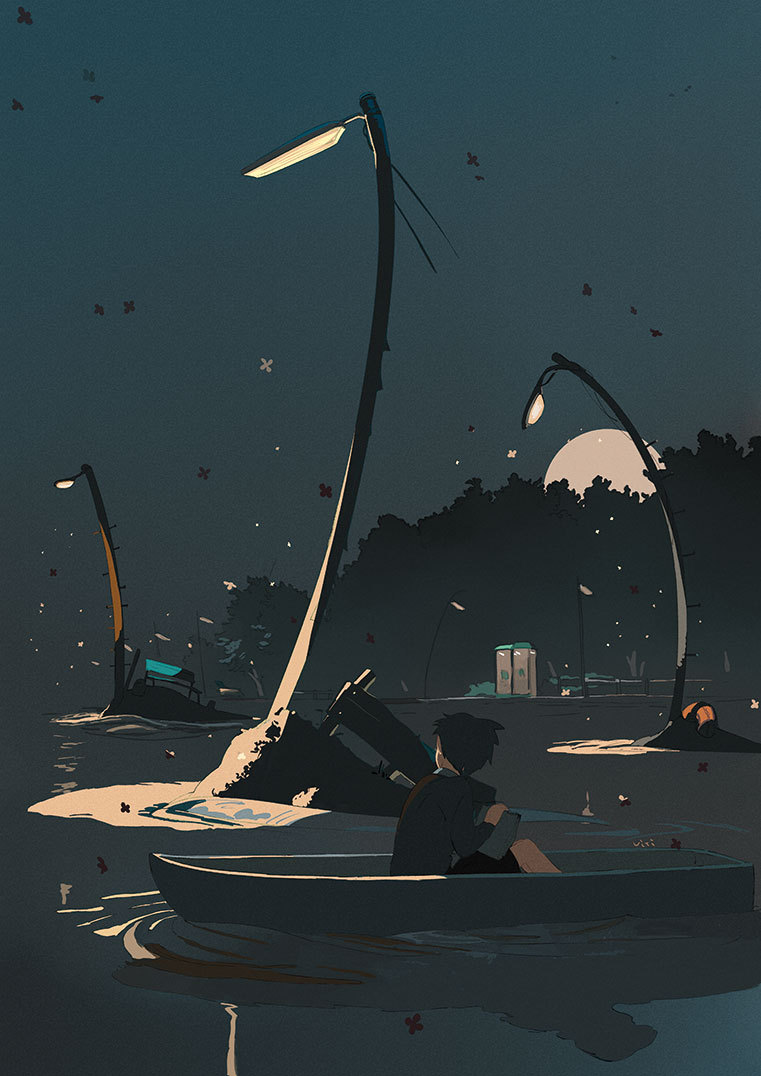 1boy, boat, dark, facing_away, from_side, lamppost, night, original