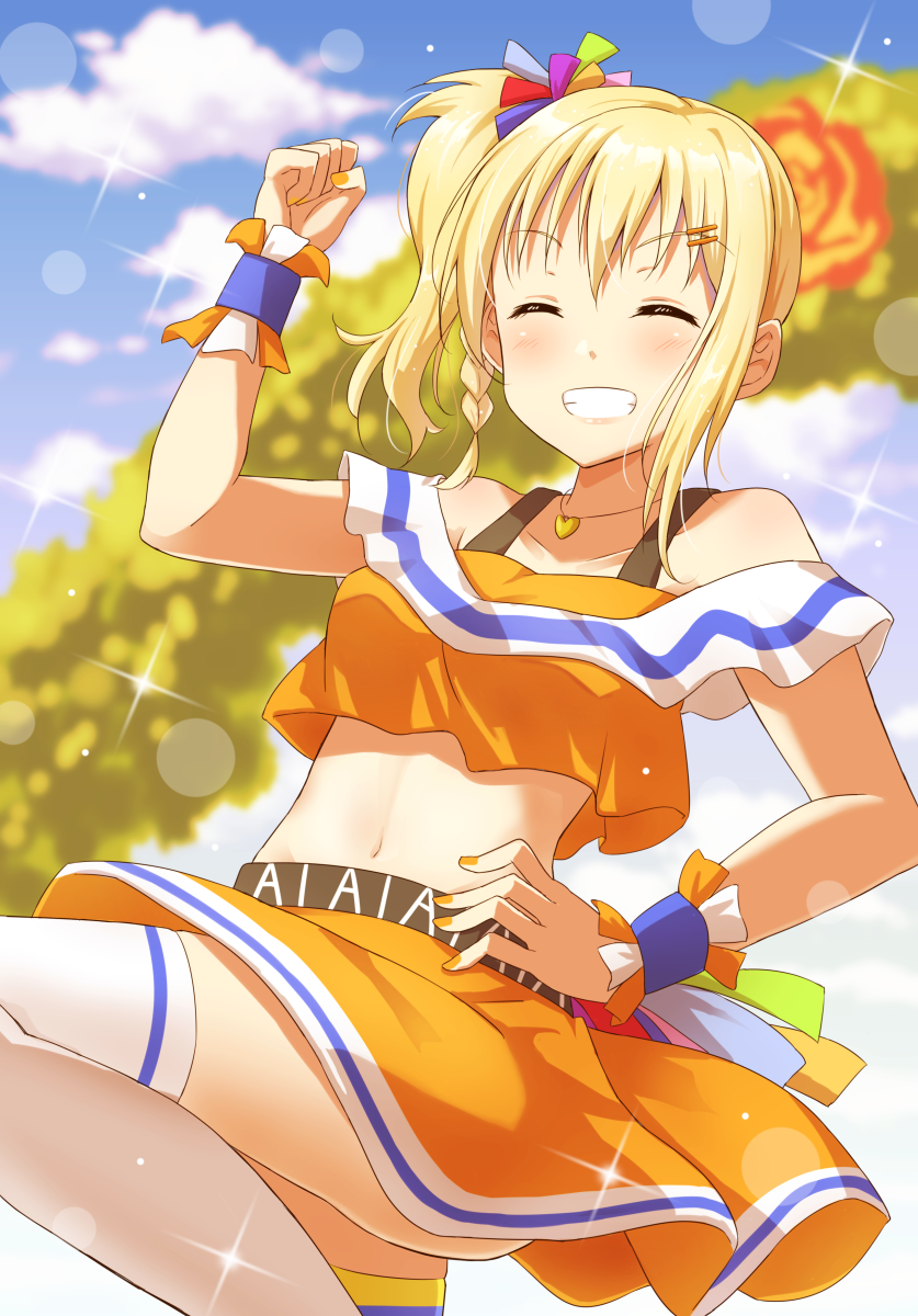 1girl, arm_up, bangs, blonde_hair, blush, braid, cheerleader, clenched_hand