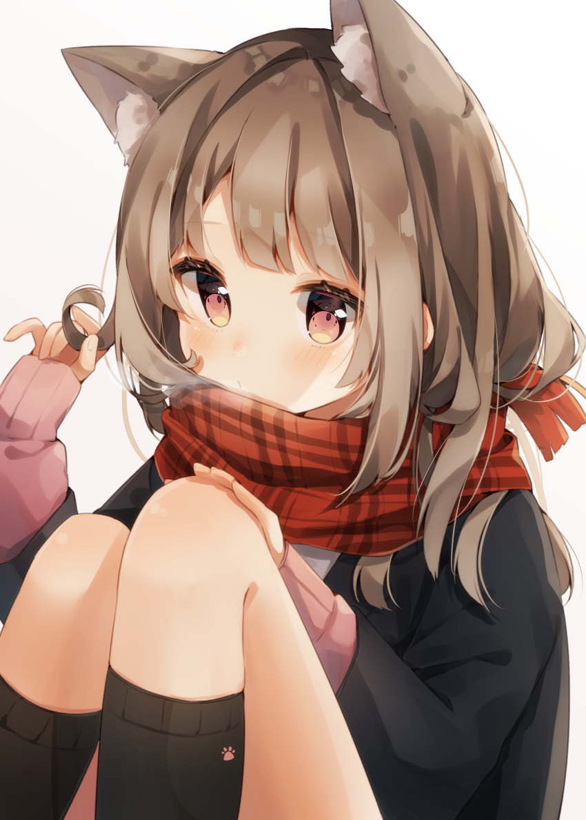 1girl, absurdres, animal_ear_fluff, animal_ears, bangs, black_jacket, black_legwear, blush