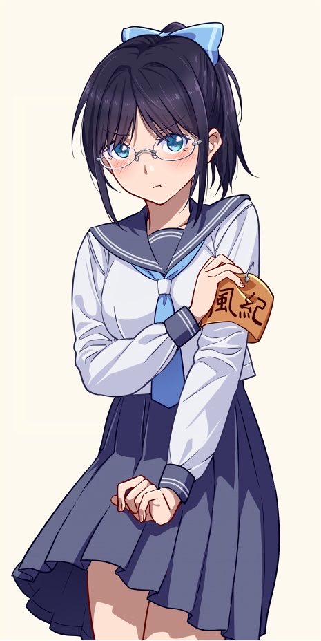 1girl, :t, armband, bangs, black_hair, blue_bow, blue_neckwear, blush