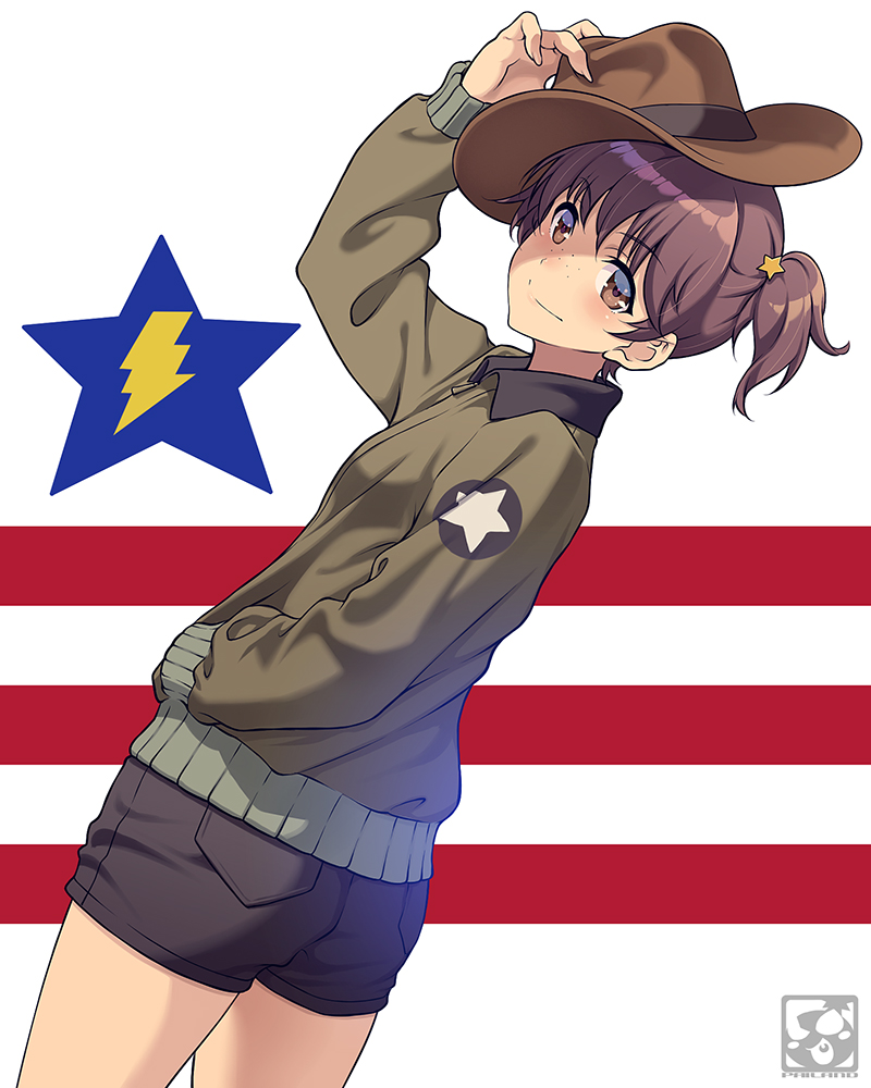 1girl, alisa_(girls_und_panzer), artist_logo, bangs, black_shorts, brown_eyes, brown_hair, brown_jacket
