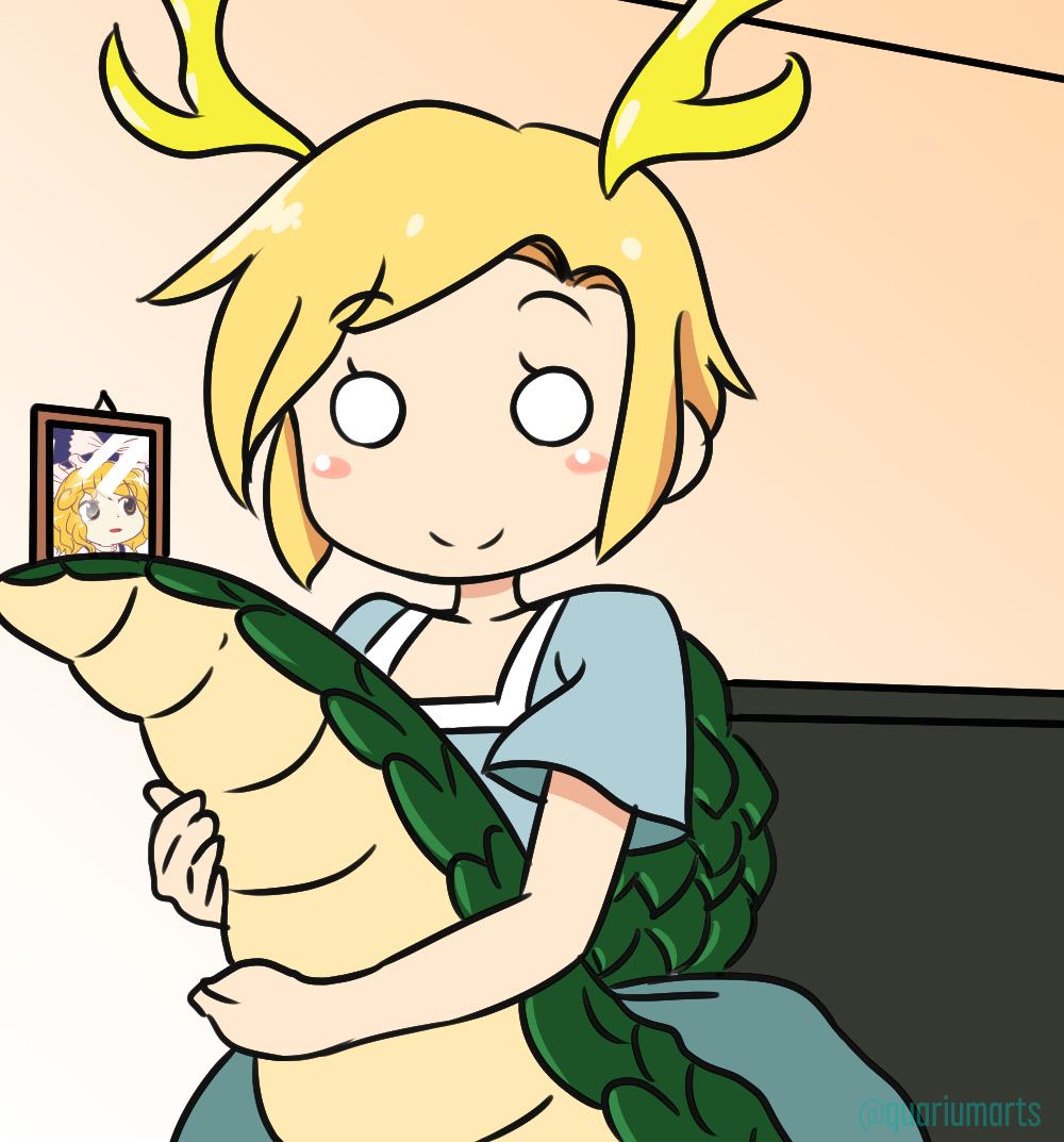 1girl, blonde_hair, blue_shirt, blue_skirt, bow, dragon_girl, dragon_horns, dragon_tail