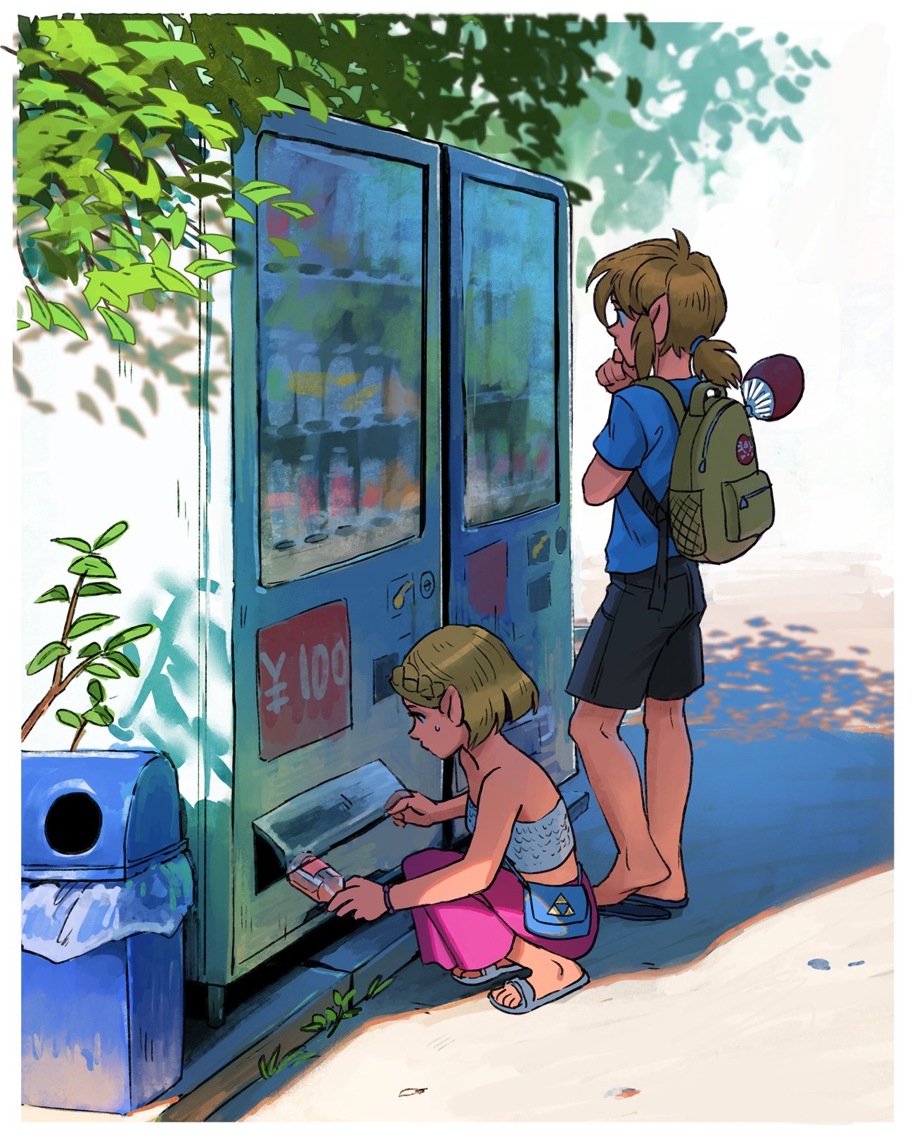 1boy, 1girl, backpack, bag, bare_shoulders, braid, brown_hair, chin_grab, commentary, contemporary, crown_braid, dappled_sunlight, day, english_commentary, handbag, highres, link, malin_falch, pants, pink_pants, plastic_bottle, princess_zelda, sandals, scenery, shirt, short_hair, shorts, sidelocks, squatting, standing, strapless, sunlight, sweat, t-shirt, the_legend_of_zelda, the_legend_of_zelda:_breath_of_the_wild, the_legend_of_zelda:_breath_of_the_wild_2, trash_can, triforce, tubetop, vending_machine