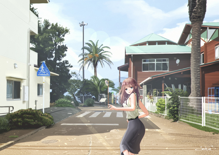 1girl, alarm_siren, arms_up, bare_arms, belt, black_skirt, blue_eyes, blue_sky
