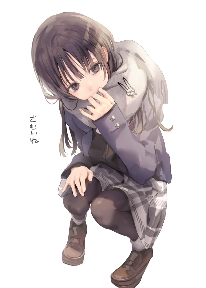 1girl, absurdres, black_hair, black_legwear, brown_eyes, grey_neckwear, highres, iijima_masashi