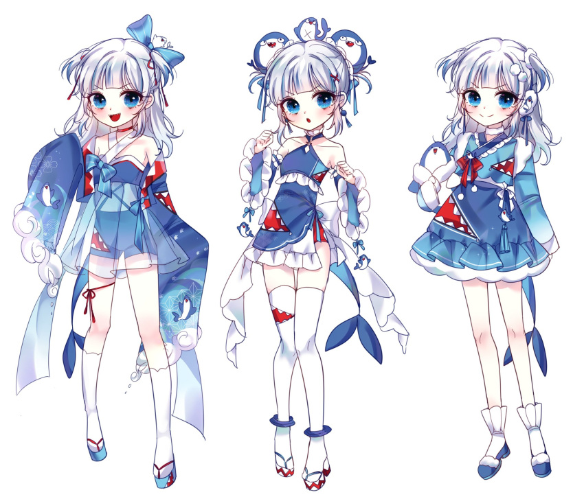 1girl, adapted_costume, alternate_costume, alternate_hairstyle, bloop_(gawr_gura), blue_bow, blue_eyes, bobby_socks