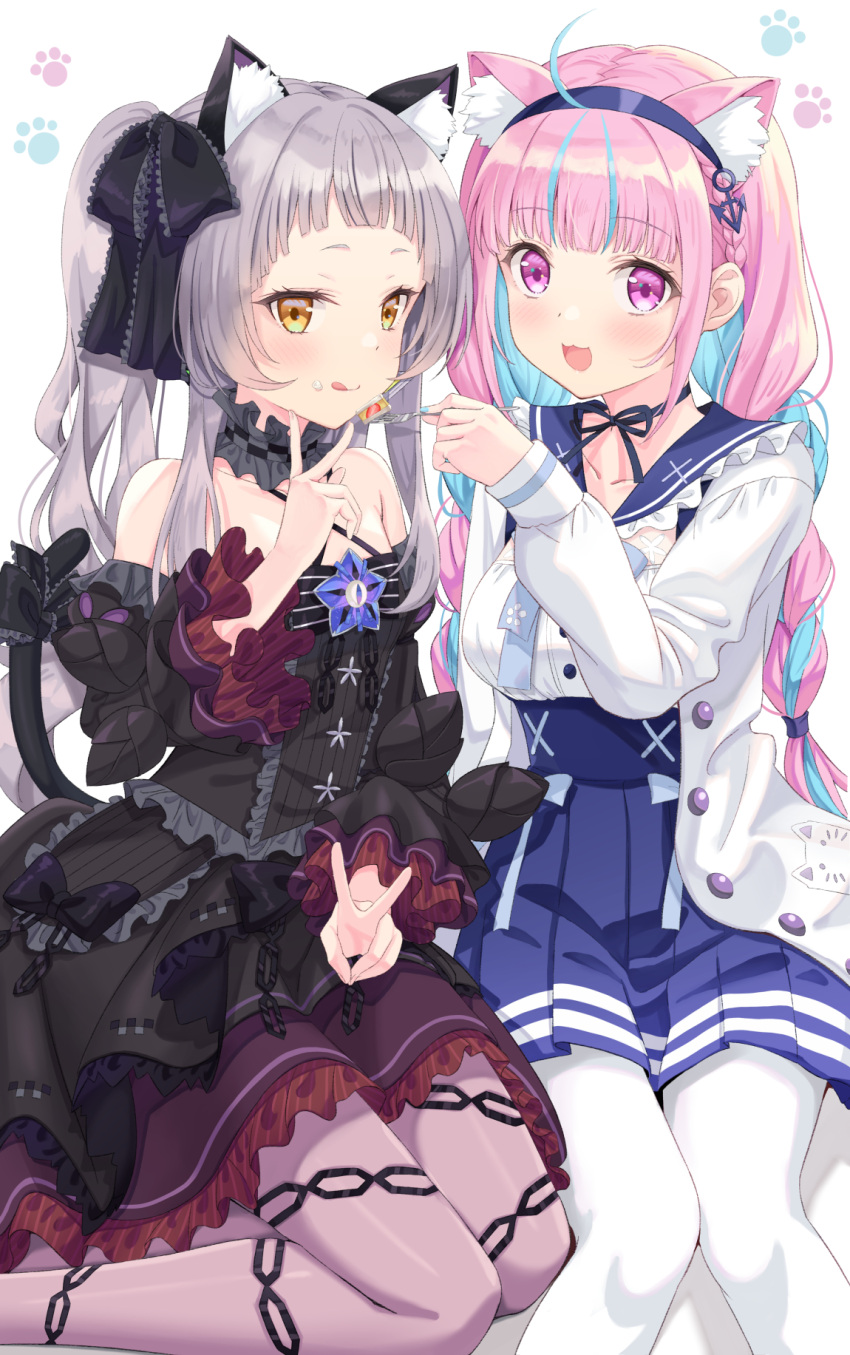 2girls, :3, :p, :q, anchor_hair_ornament, animal_ears, black_dress, black_ribbon