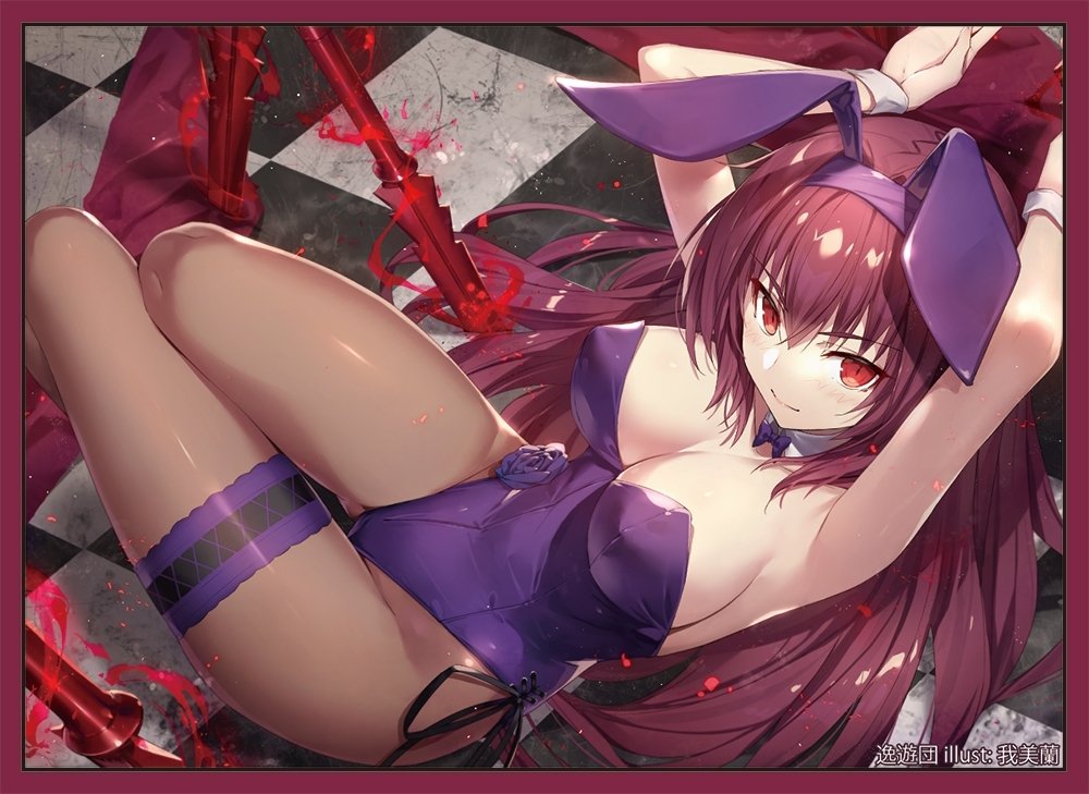 1girl, animal_ears, arms_up, artist_name, breasts, checkered, checkered_floor, commentary_request