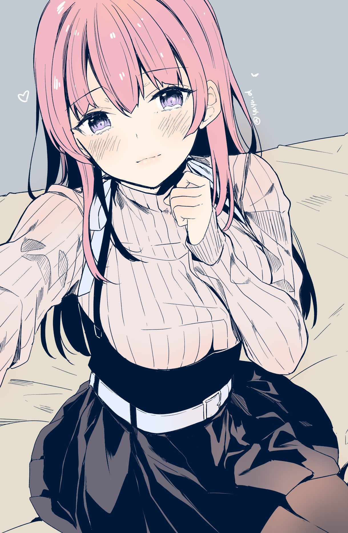 1girl, bangs, bed_sheet, beige_sweater, belt, belt_buckle, black_dress, black_legwear