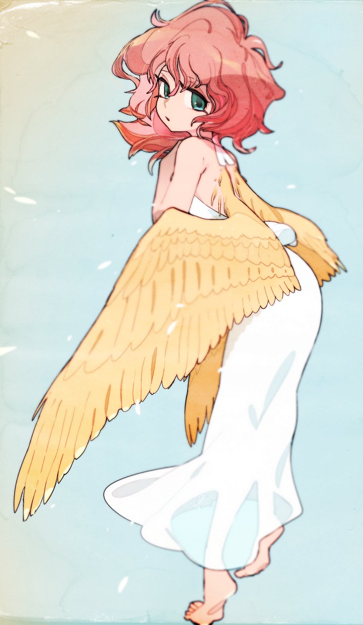 1girl, barefoot, bird_wings, blue_background, blurry, copyright_request, depth_of_field, dress, feathered_wings, from_behind, full_body, green_eyes, highres, kuroi_moyamoya, leaning_forward, long_dress, looking_at_viewer, looking_back, loot, low_wings, medium_hair, parted_lips, redhead, soles, solo, standing, white_dress, wings, yellow_wings