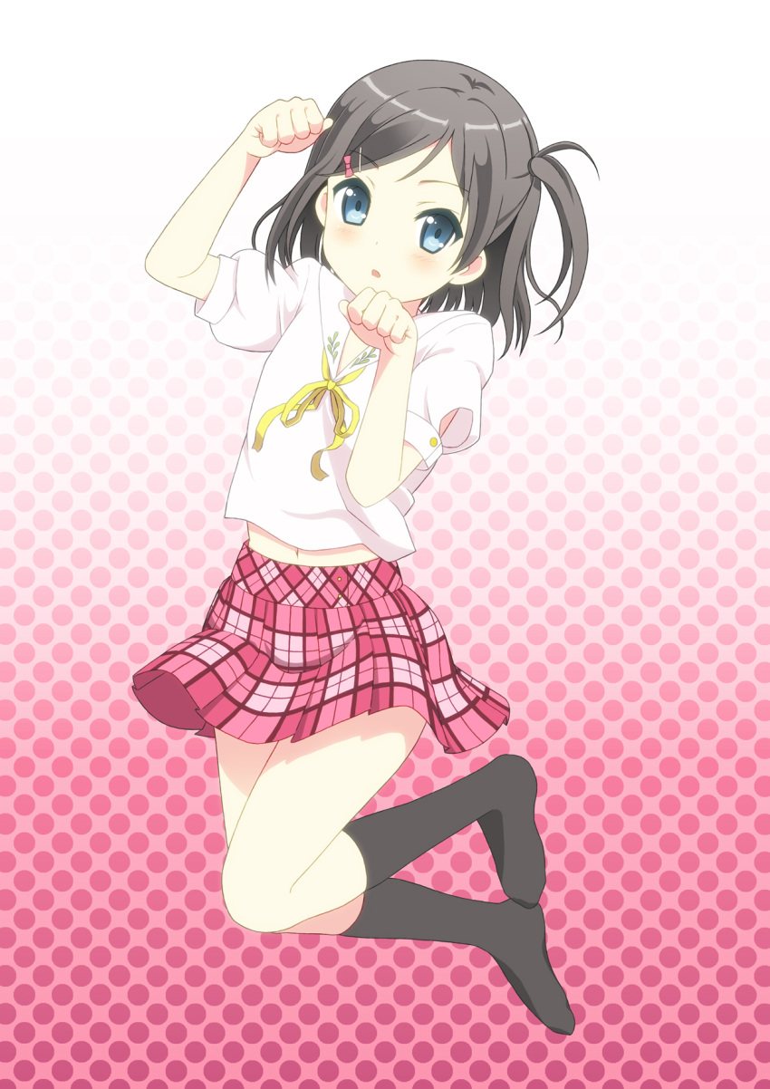 1girl, ayumu-k, black_hair, black_legwear, blue_eyes, blush, bow, commentary_request