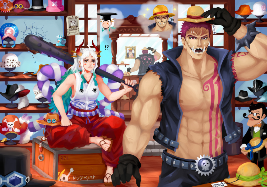 1girl, ^_^, abs, absurdres, areolae, arm_at_side, arm_tattoo, arm_up, bare_arms, bare_pecs, bare_shoulders, behind_another, belt, biceps, black_hair, blush_stickers, charlotte_katakuri, chest_tattoo, closed_eyes, closed_mouth, club, collarbone, commentary, cracked_wall, curled_horns, day, english_commentary, facial_hair, geta, gloom_(expression), gloves, green_hair, hair_ornament, hair_stick, hat, height_difference, highres, holding, holding_weapon, horns, imagining, indoors, jacket, japanese_clothes, kanabou, kataginu, long_hair, long_sleeves, looking_at_another, mazarin, mirror, multicolored_hair, multicolored_horns, muscle, mustache, navel, one_piece, oni, open_clothes, open_mouth, open_vest, orange_eyes, orange_horns, over_shoulder, pants, pectorals, purple_hair, red_horns, reflection, rope, scar, sharp_teeth, shimenawa, short_hair, sitting, skull_belt, smile, sparkle, standing, stitches, stomach, stomach_tattoo, straw_hat, sweat, sweating_profusely, tan, tattoo, teeth, thought_bubble, toes, torn_clothes, torn_sleeves, two-tone_hair, very_long_hair, very_short_hair, vest, violet_eyes, weapon, weapon_over_shoulder, white_hair, yamato_(one_piece)