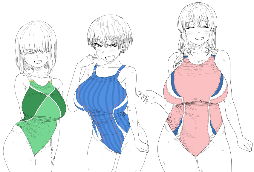 3girls, absurdres, bangs, blush, breasts, closed_eyes, collarbone, competition_swimsuit, hair_over_eyes, highleg, highleg_swimsuit, highres, kaiman_garupan, large_breasts, looking_at_viewer, mother_and_daughter, multiple_girls, one-piece_swimsuit, short_hair, siblings, sisters, smile, smirk, swimsuit, uzaki-chan_wa_asobitai!, uzaki_hana, uzaki_tsuki, uzaki_yanagi