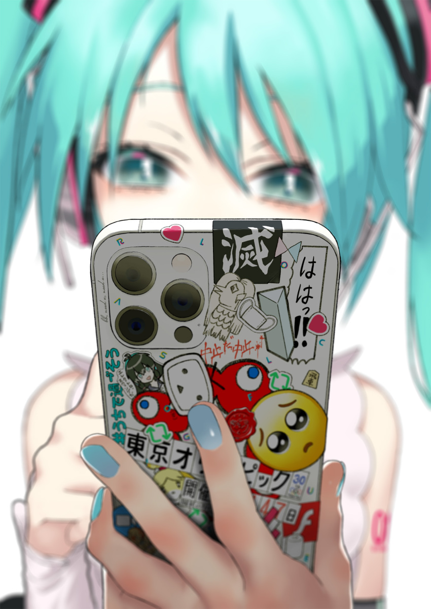 1girl, bangs, blue_eyes, blue_hair, blue_nails, blurry, blurry_background, cellphone
