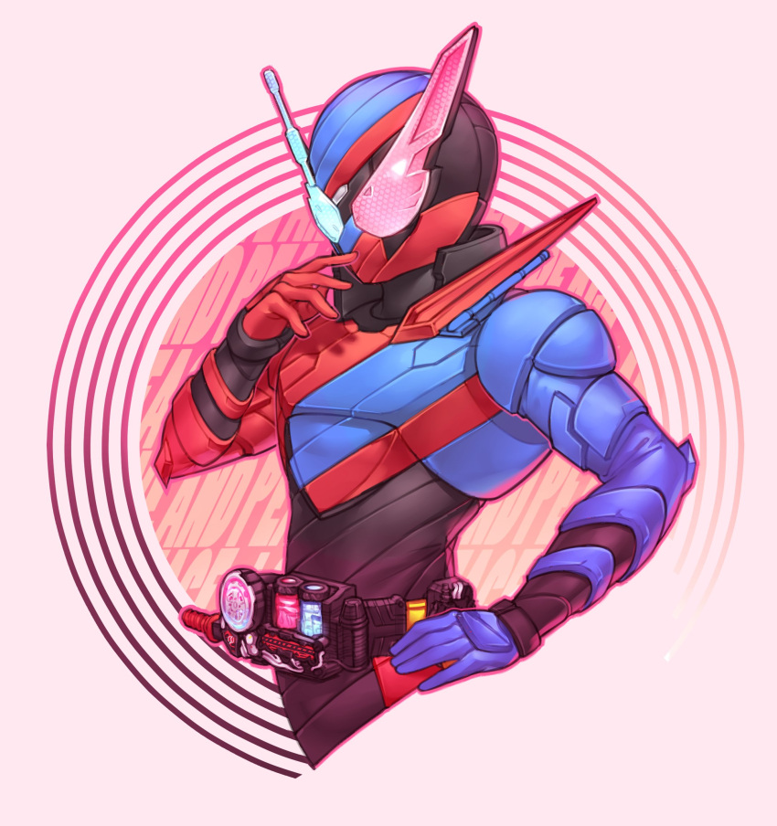 1boy, armor, belt, blue_eyes, cropped_torso, english_commentary, hand_on_hip, hand_on_own_chin