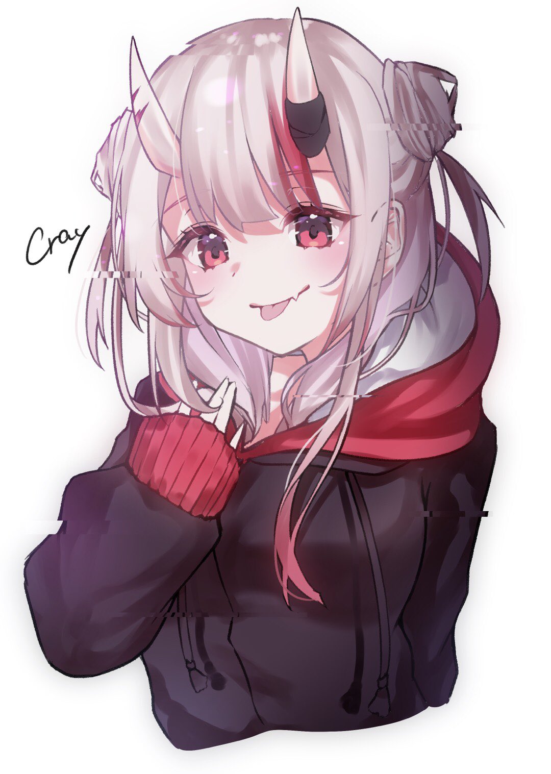 1girl, :p, alternate_costume, artist_name, bangs, black_jacket, cray, cropped_torso