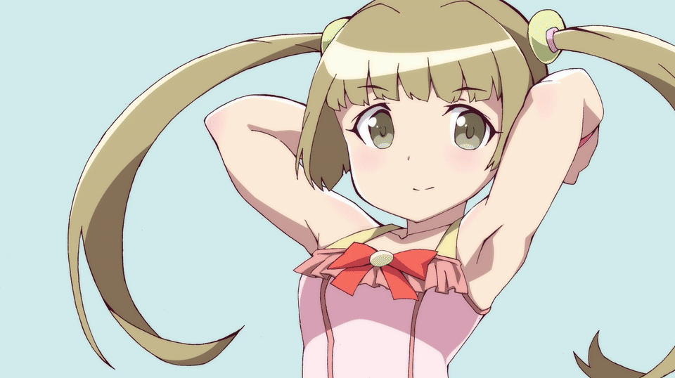animated, animated_gif, armpits, arms_up, artist_request, bow, brown_hair, idolmaster, idolmaster_cinderella_girls, idolmaster_cinderella_girls_starlight_stage, long_hair, one-piece_swimsuit, one_eye_closed, sandals, superhero_landing, swimsuit, twintails, yokoyama_chika