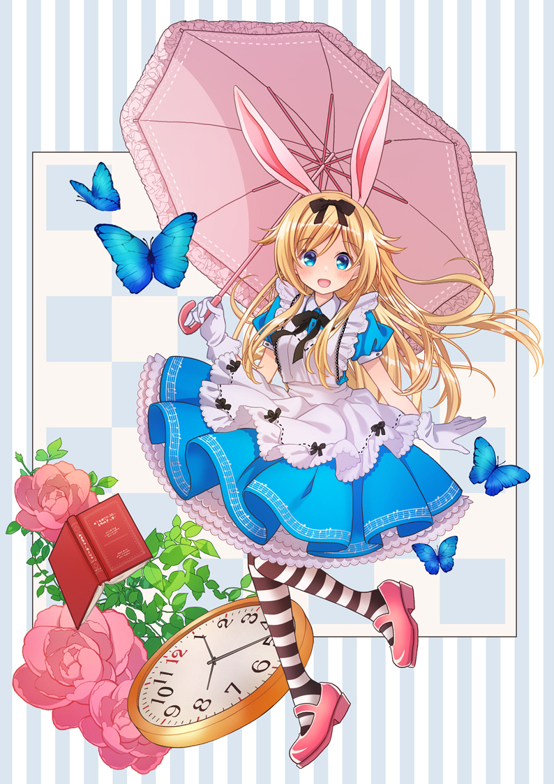 1girl, :d, alice_(wonderland), alice_in_wonderland, animal_ears, black_bow, blonde_hair, blue_butterfly