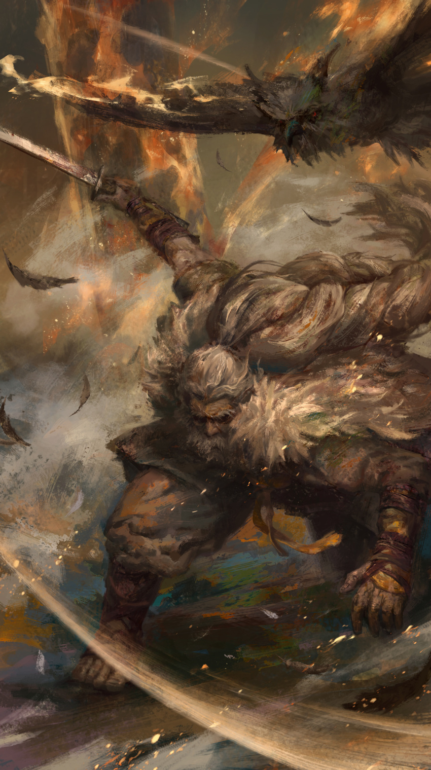 1boy, animal, ankle_wrap, armor, attack, beard, bird, braid