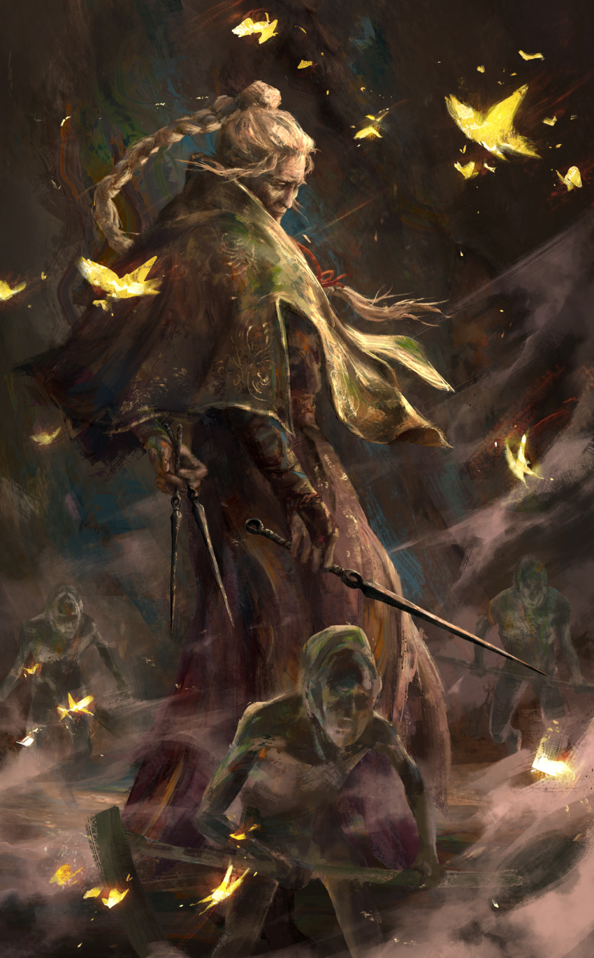 1girl, braid, bug, butterfly, full_body, ghost, green_capelet, hand_wraps, high_ponytail, highres, holding, holding_weapon, insect, japanese_clothes, lady_butterfly, long_hair, looking_away, old, old_woman, sekiro:_shadows_die_twice, short_sword, single_braid, solo, standing, sword, weapon, white_hair, zhuoxin_ye