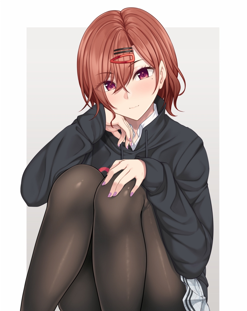 1girl, bangs, black_sweater, blush, brown_legwear, closed_mouth, drawstring, eyebrows_visible_through_hair