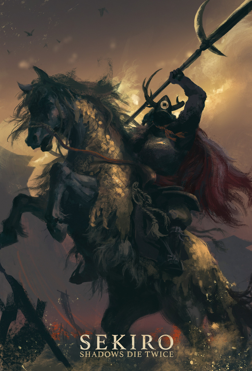 1boy, animal, armor, arms_up, breastplate, cape, copyright_name, faceless