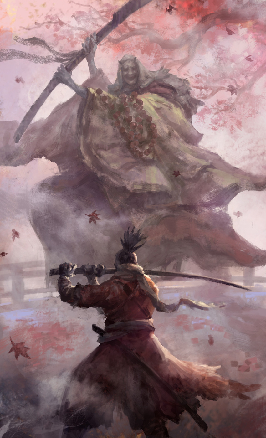 1boy, 1girl, battle, beads, black_hair, corrupted_monk, duel, facing_another