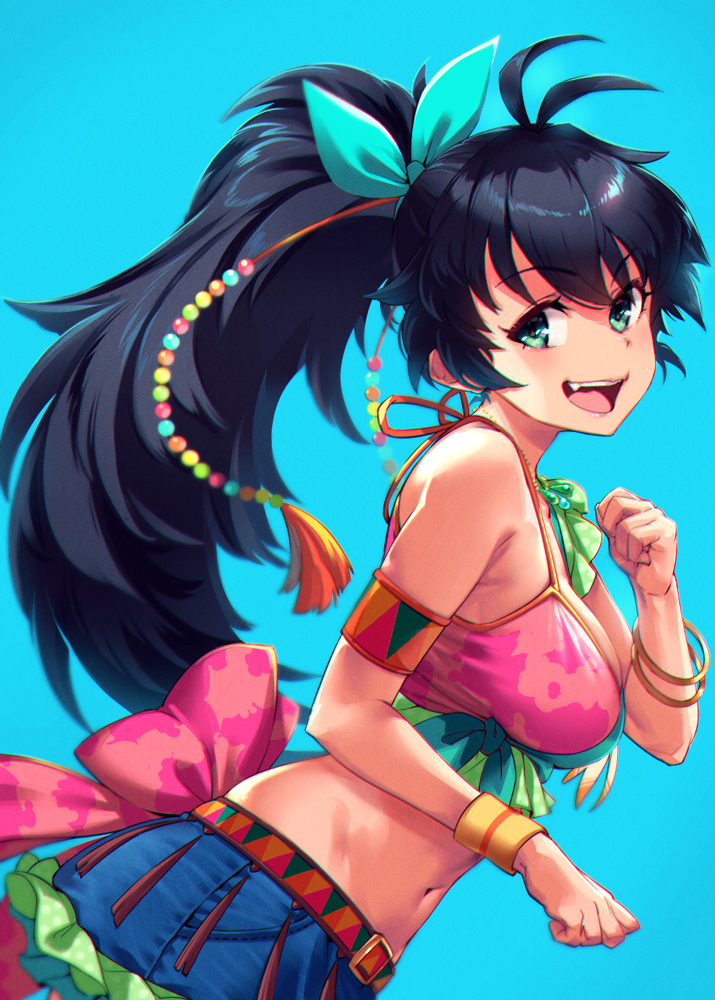 1girl, :d, antenna_hair, aqua_bikini, aqua_bow, armlet, back_bow, bangs