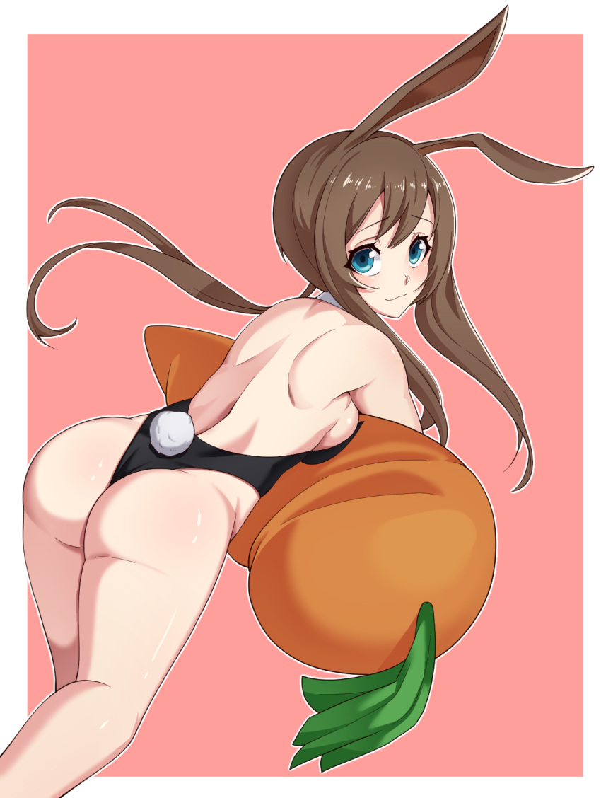 1girl, ajidot, amiya_(arknights), animal_ears, arknights, ass, back, backboob, bare_shoulders, black_leotard, blue_eyes, breasts, brown_hair, bunny_tail, carrot, commentary_request, detached_collar, facing_away, fake_tail, hair_between_eyes, highres, korean_commentary, leotard, long_hair, looking_at_viewer, playboy_bunny, rabbit_ears, rabbit_girl, solo, tail