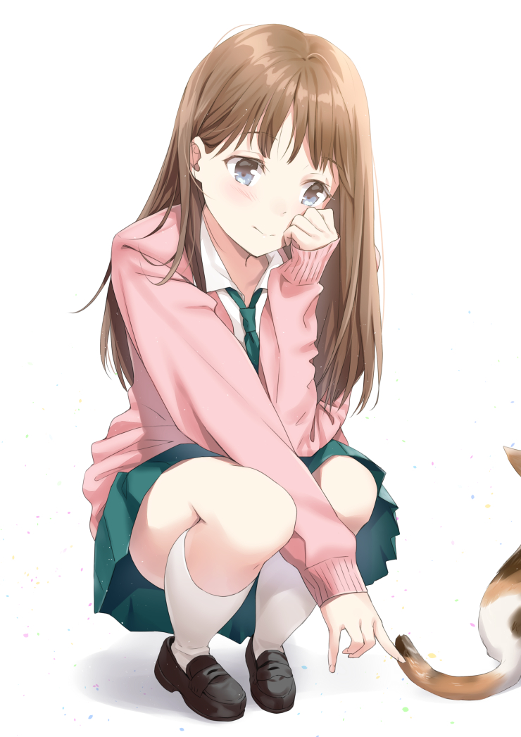 1girl, bangs, black_footwear, blue_eyes, brown_hair, cardigan, cat, commentary