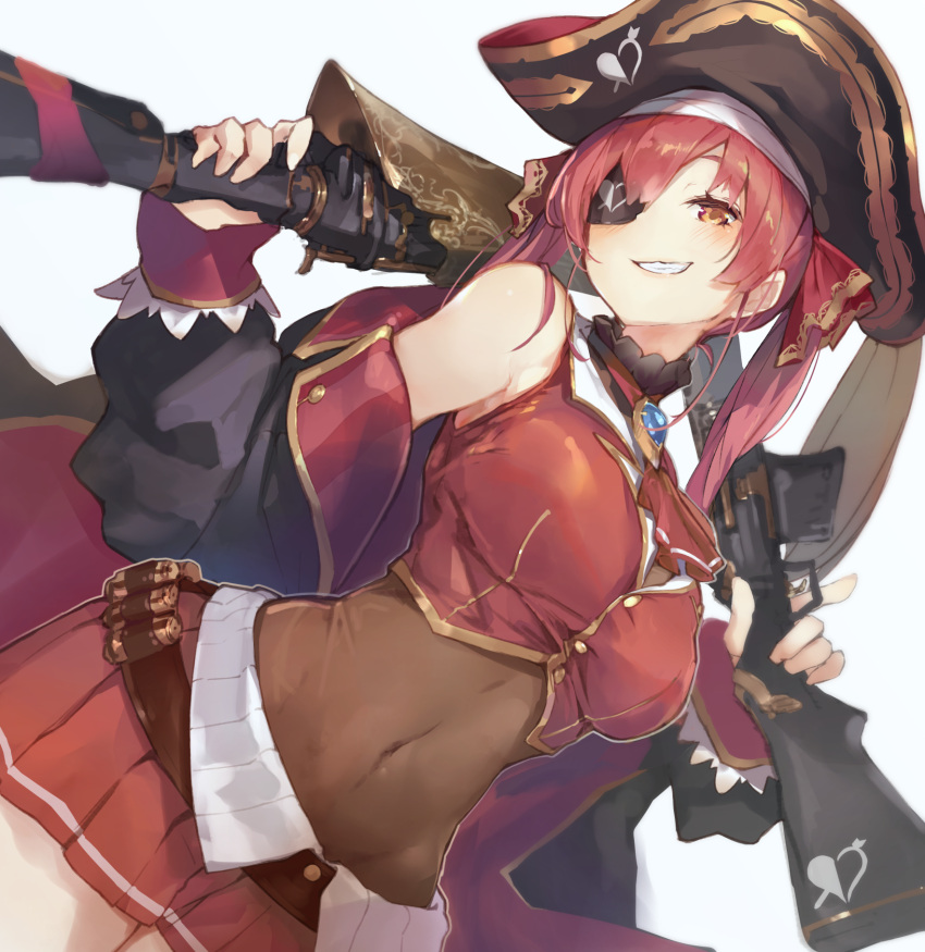 1girl, adapted_weapon, ascot, bandolier, bare_shoulders, belt, black_coat, bodystocking